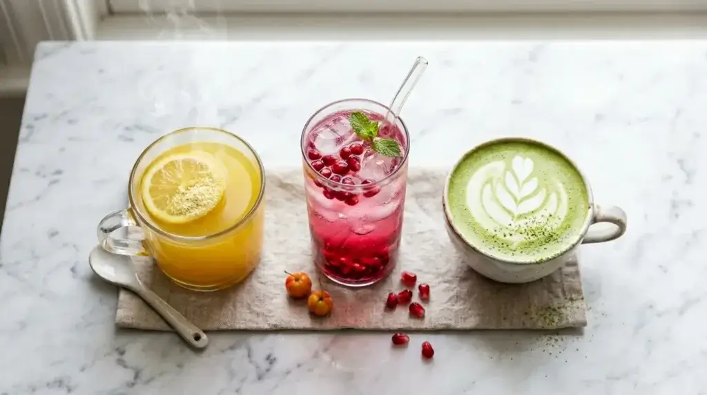 Trois recettes de boisson collagène glow peau alignées : version chaude matin, pink glow fraîche et matcha latte collagène