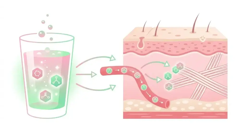 Schéma de l'action d'une boisson collagène glow peau sur le derme : du verre aux fibres de collagène cutanées