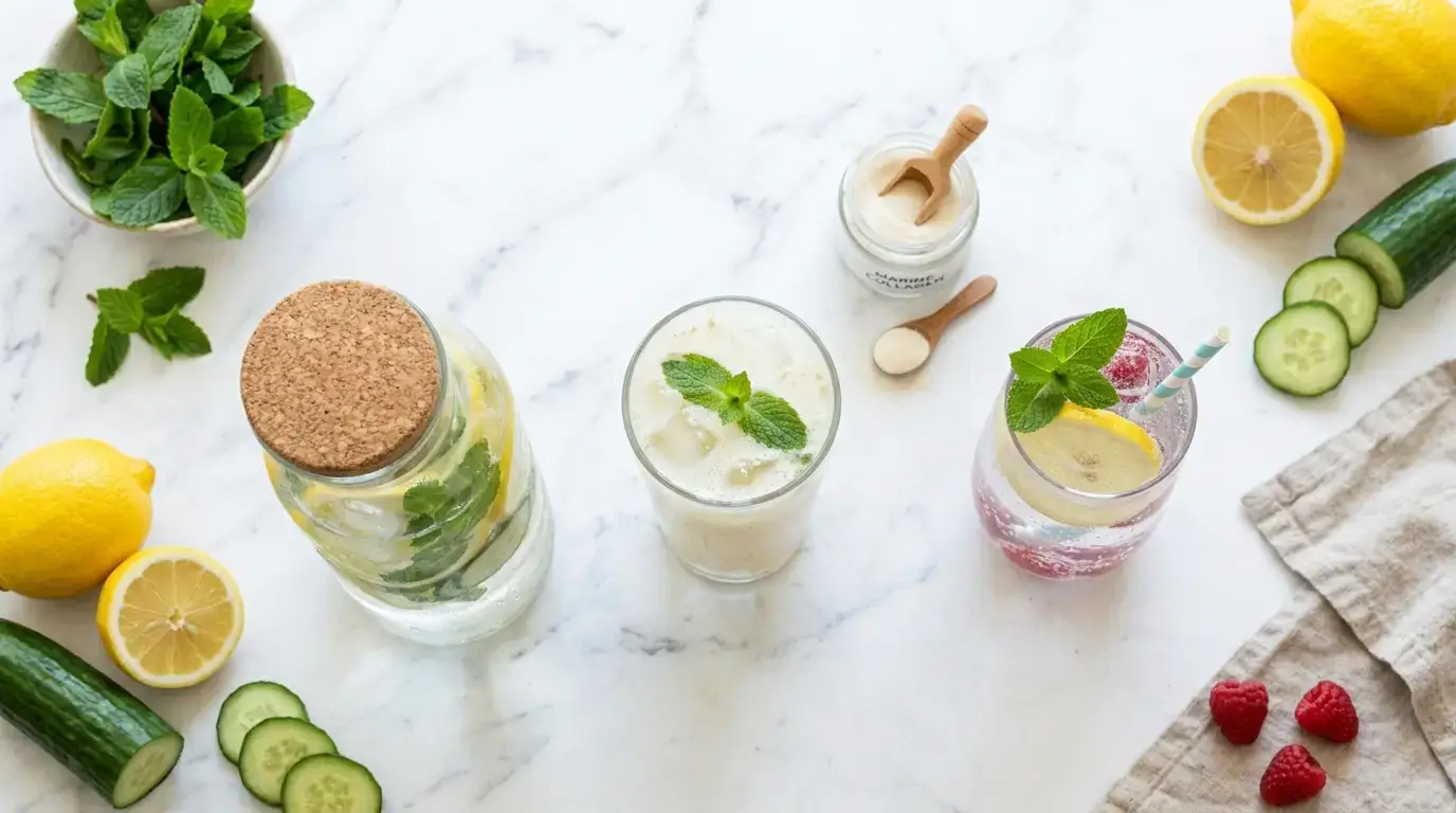 Trois boissons détox citron menthe été alignées : carafe hydratante, coupe-faim collagène et cocktail pétillant