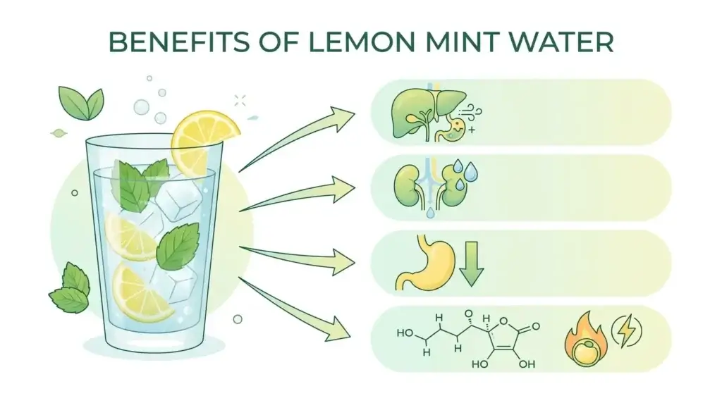 Schéma des 4 mécanismes minceur d'une boisson détox citron menthe été sur l'organisme