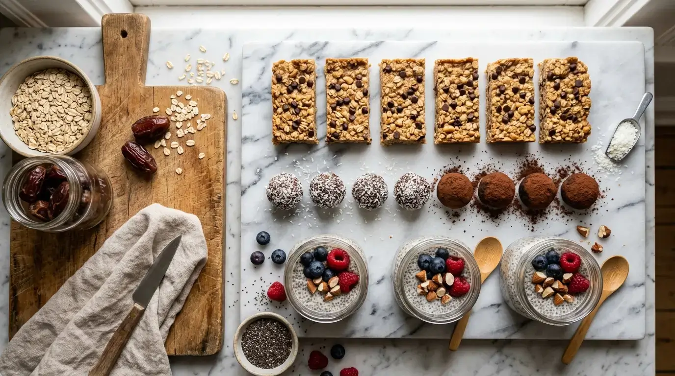 Trois recettes de collation coupe-faim protéinée maison alignées : barres avoine-cacahuète, energy balls dattes-cacao et mini-puddings chia