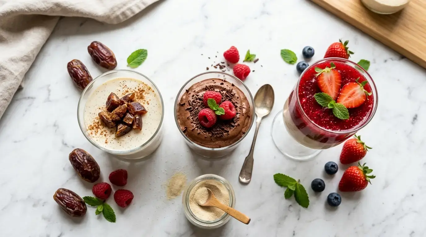 Trois recettes de dessert gélatine sans sucre dattes alignées : panna cotta vanille, mousse chocolat et verrines fruits rouges