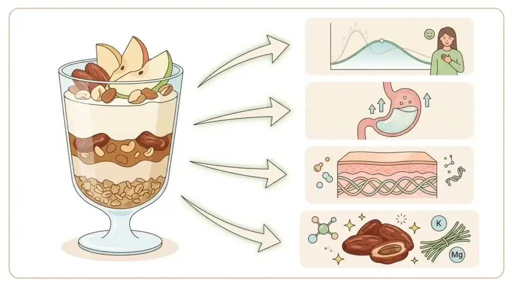 Schéma des 4 mécanismes minceur d'un dessert gélatine sans sucre dattes sur l'organisme