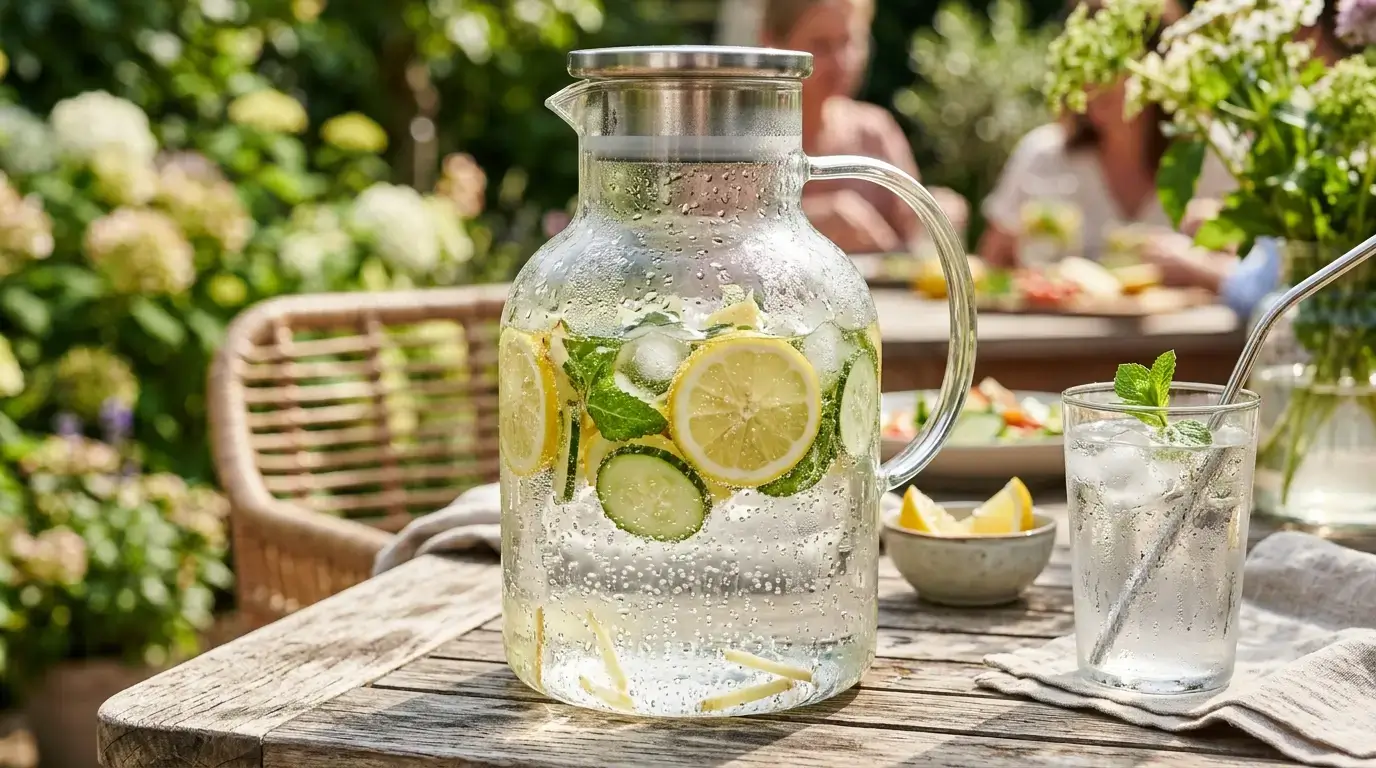 Carafe d'eau pétillante citron gingembre vinaigre hydratante avec concombre et menthe pour la journée
