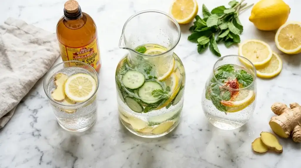 Trois recettes d'eau pétillante citron gingembre vinaigre alignées : version matinale, hydratante et pré-repasFichier