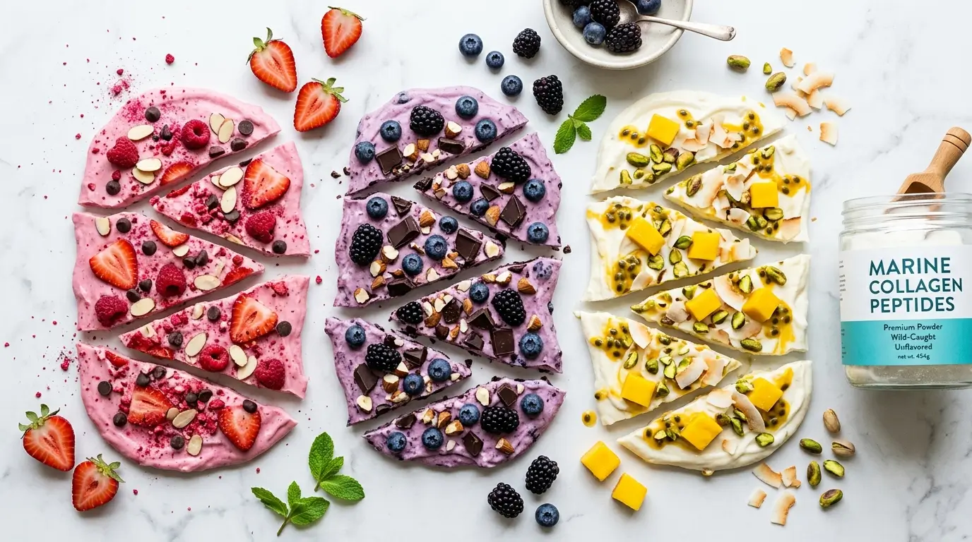 Trois frozen yogurt bark healthy alignés : Pinky Glow fraise-collagène, Blueberry antioxydants et Tropical coco-mangue-pistache