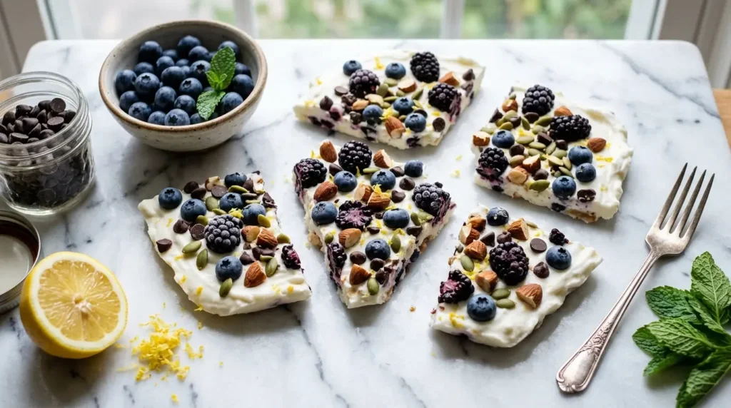 Frozen yogurt bark Blueberry Antioxydants myrtilles amandes chocolat noir : recette anti-âge 95 kcal et 10g protéines