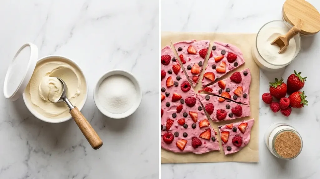 Comparaison yaourt glacé industriel vs frozen yogurt bark healthy maison : 60% calories en moins et 200% de protéines en plus
