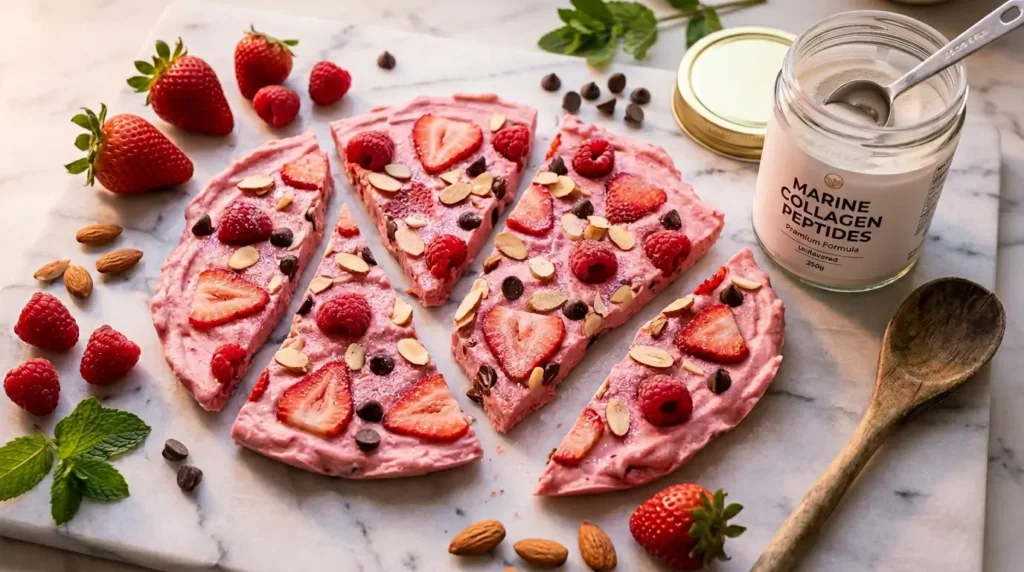 Frozen yogurt bark Pinky Glow à la fraise et collagène marin : recette healthy 90 kcal et 12g protéines pour effet beauté peau