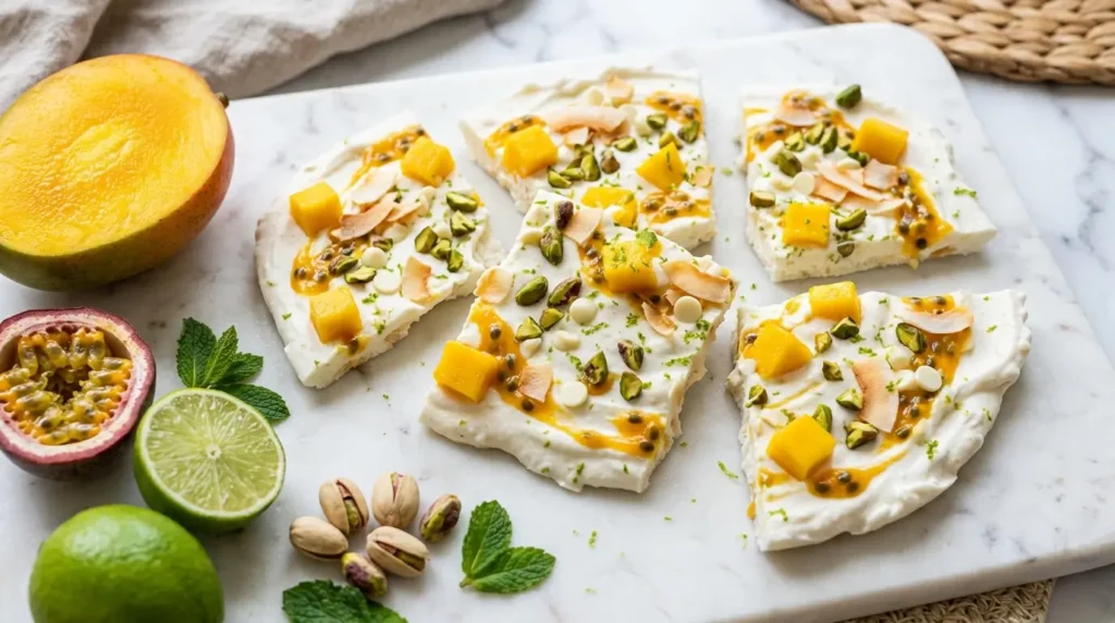 Frozen yogurt bark Tropical coco mangue pistache : recette exotique healthy 100 kcal trend Dubai Chocolate 2026