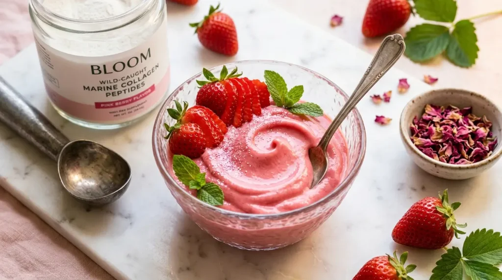 Glace gélatine collagène Pinky Glow à la fraise : recette soft serve healthy 110 kcal et 15g protéines pour effet beauté peau