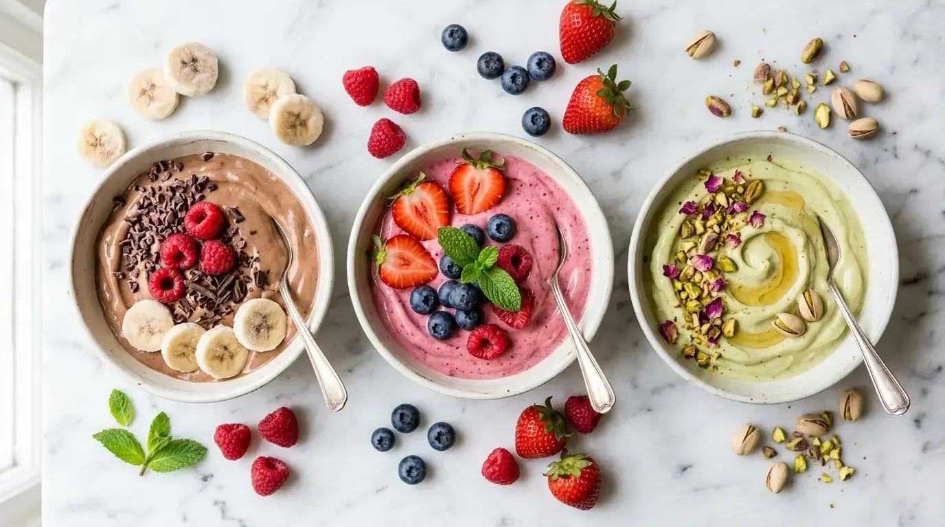 Trois recettes de glace healthy maison Nice Cream alignées : banane-cacao collagène, fruits rouges antioxydants et pistache-datte orientale