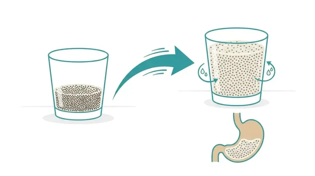 Schéma du gonflement des graines de chia dans le pudding et leur effet sur la satiété