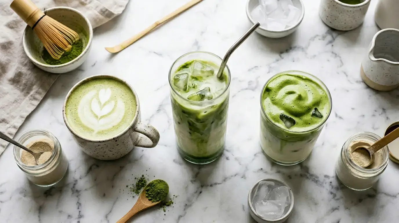 Trois recettes de matcha latte protéiné alignées : version collagène marin, whey glacé post-workout et Dalgona protéiné viral