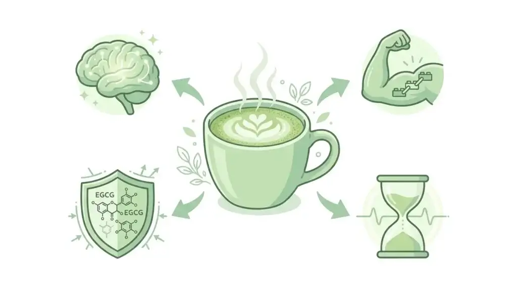 Schéma des 4 bienfaits multiples d'un matcha latte protéiné recette sur l'organisme