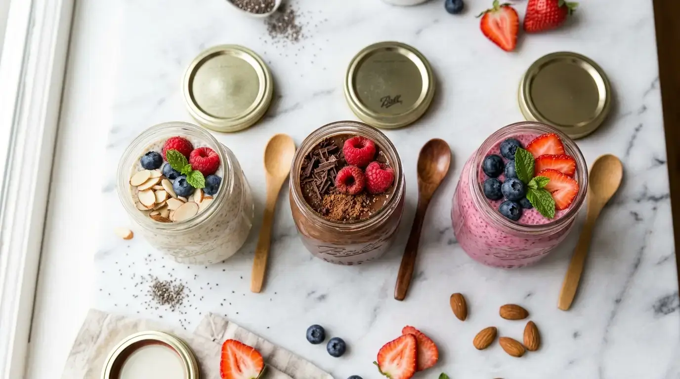 Trois recettes de pudding chia protéiné minceur alignées : vanille, cacao gourmand et fruits rouges antioxydants