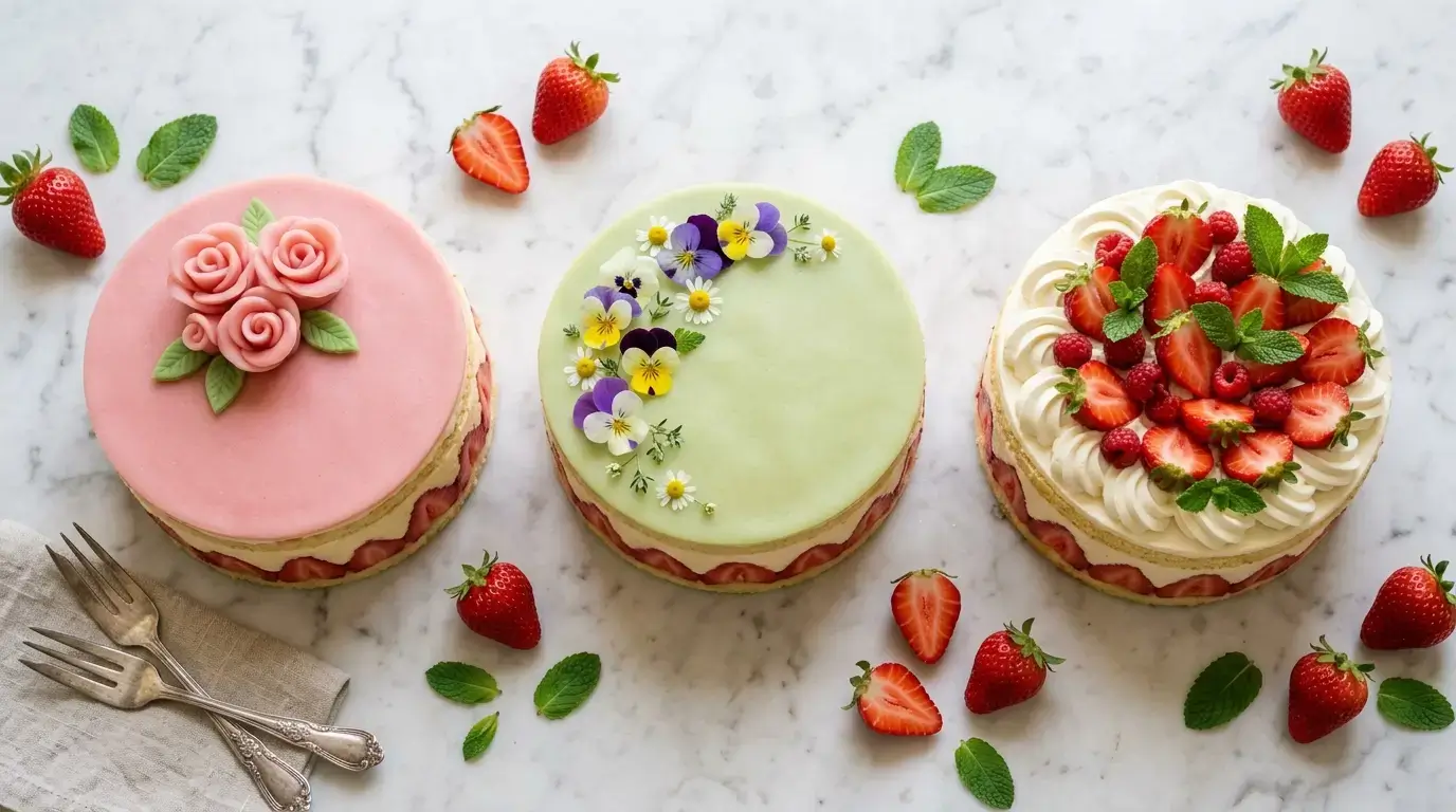 Trois versions de recette fraisier alignées : crème mousseline classique, crème diplomate halal et mascarpone express