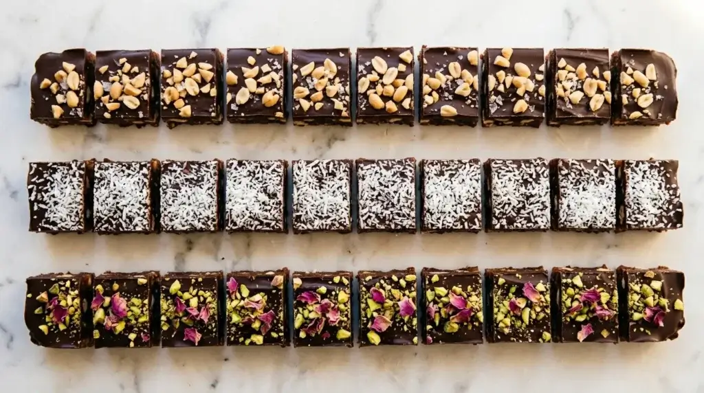 Trois recettes de snickers healthy dattes alignées : classique TikTok, Bounty coco et pistache orientale