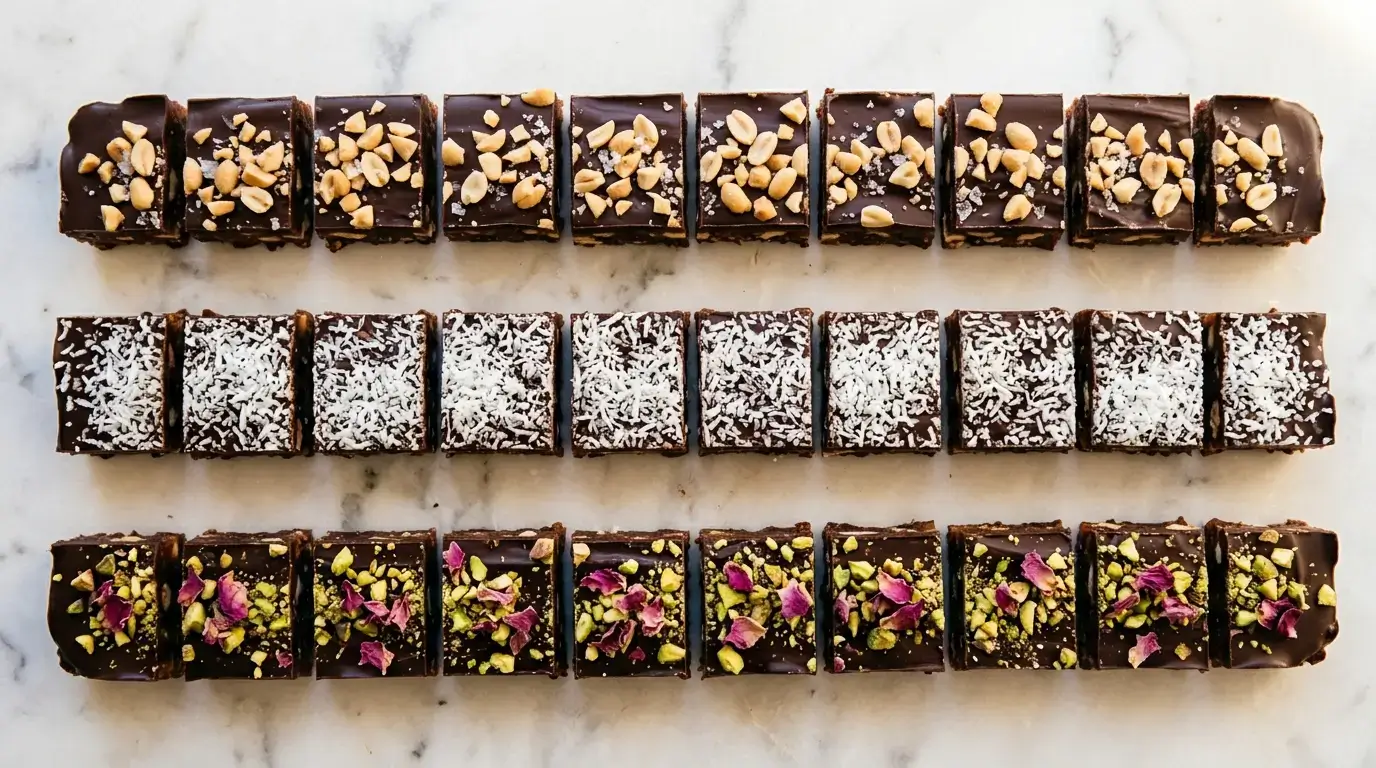 Trois recettes de snickers healthy dattes alignées : classique TikTok, Bounty coco et pistache orientale