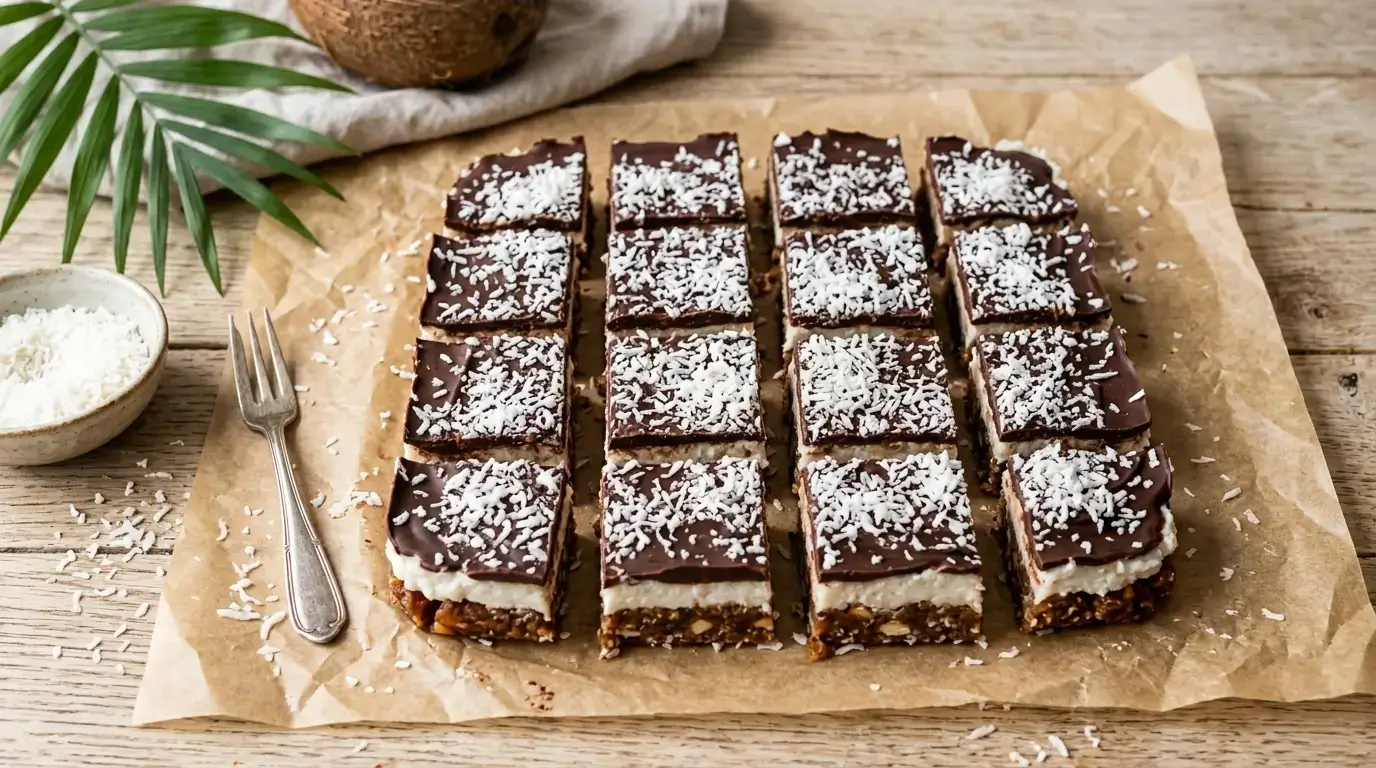 Snickers healthy dattes version Bounty coco : carrés au beurre d'amande, noix de coco et chocolat noir