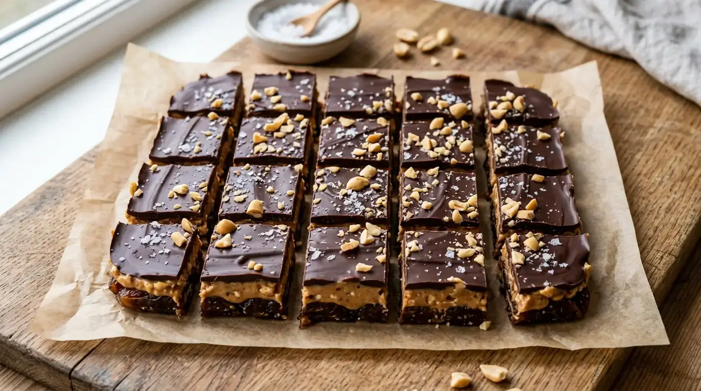 Snickers healthy dattes recette virale TikTok : carrés au beurre de cacahuète et chocolat noir