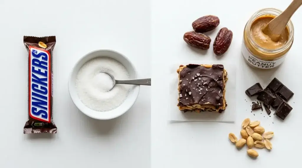 Comparaison visuelle entre snickers industriel et snickers healthy dattes maison : sucres et ingrédients