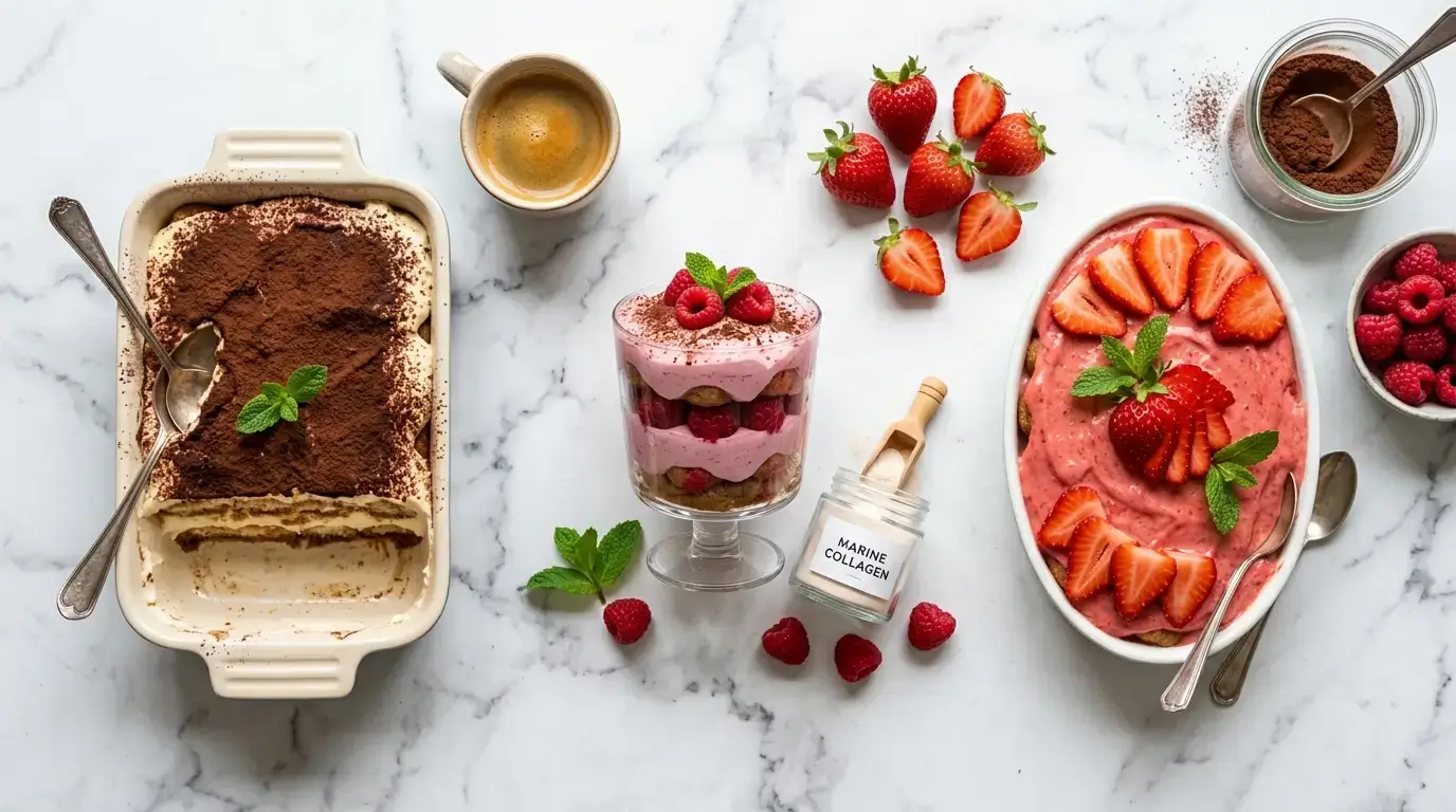 Trois tiramisu healthy sans œuf ni sucre alignés : version classique skyr, collagène marin et fraises été