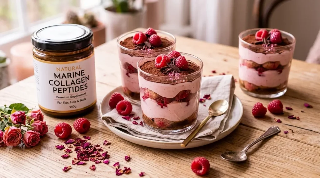 Tiramisu healthy sans œuf au collagène marin et framboises : recette glow protéinée 25g de protéines yumarecette