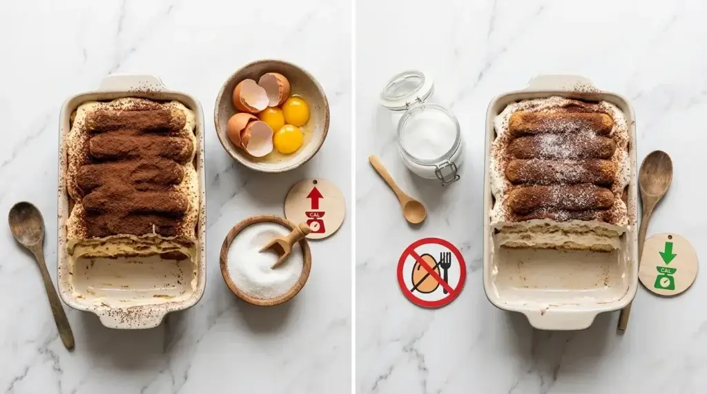 Comparaison tiramisu traditionnel avec œufs crus vs tiramisu healthy sans œuf ni sucre yumarecette