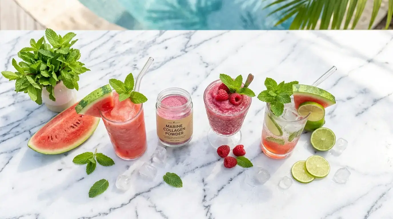 Trois watermelon slushie alignés : version classique healthy, collagène marin glow et mojito pétillant