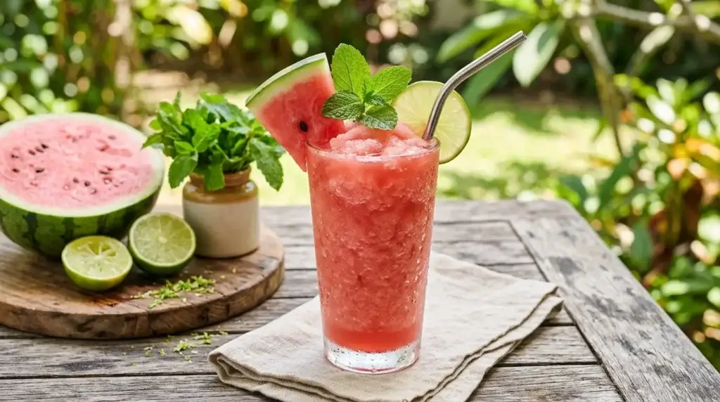 Watermelon slushie classique healthy : recette virale TikTok 70 kcal seulement par verre, sans sucre