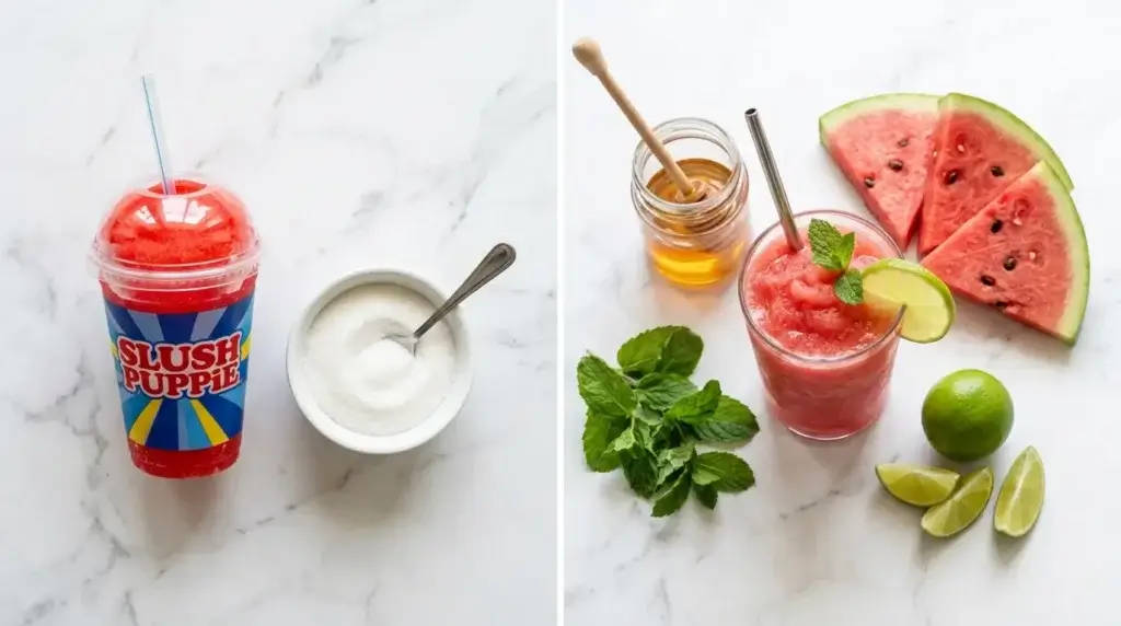 Comparaison Slush Puppie industriel vs watermelon slushie maison healthy : 60% de calories en moins et zéro colorant