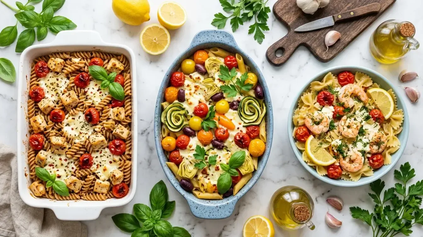 Trois baked feta pasta maison avec feta tomates et legumes