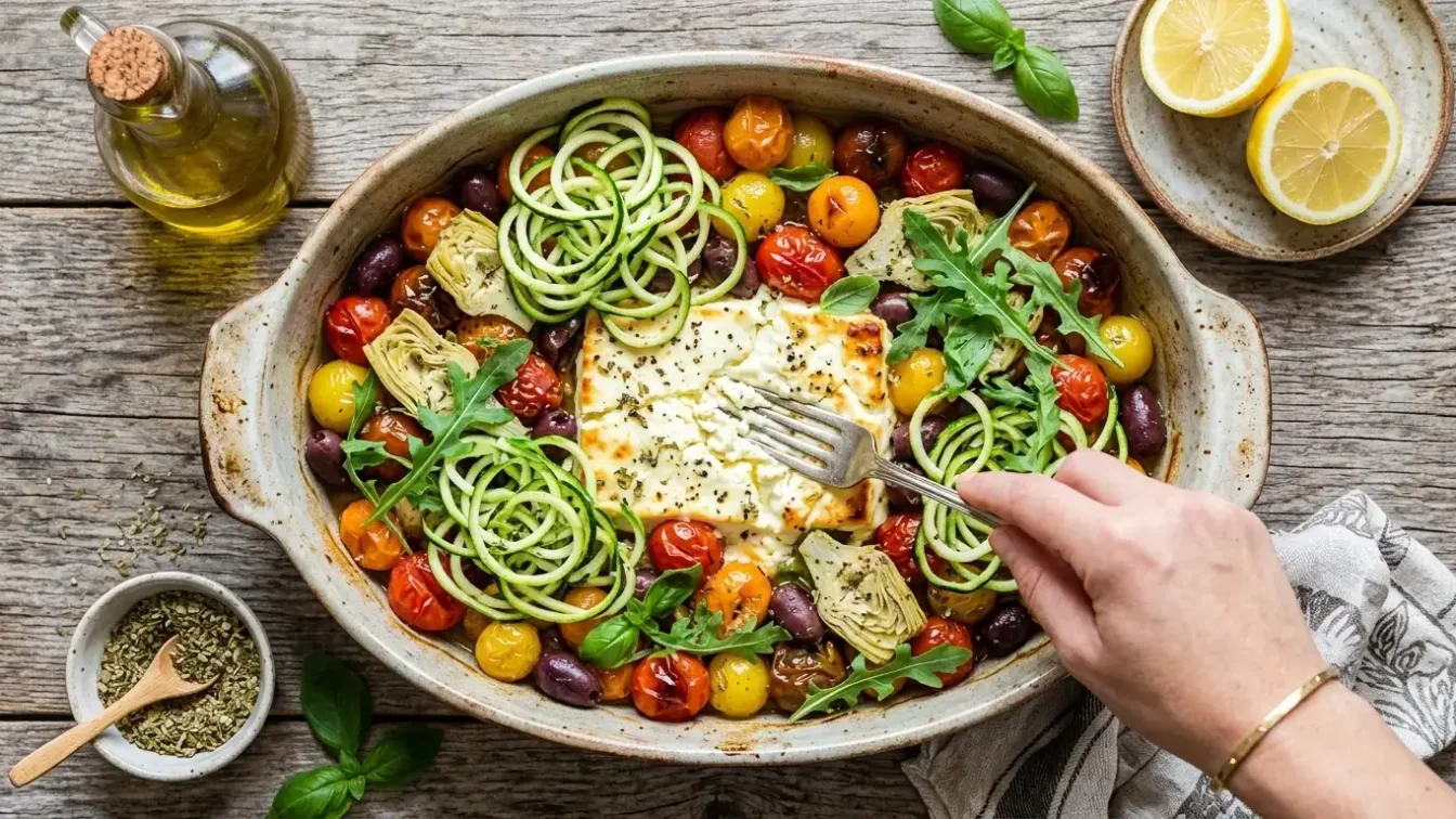 Baked feta pasta aux légumes avec feta tomates et courgettes