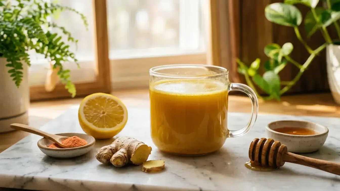 Boisson chaude au collagène et citron servie dans une tasse