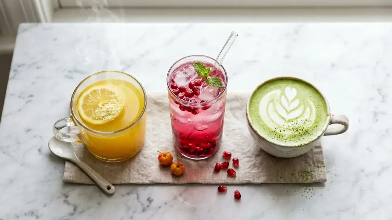 Trois boissons au collagène maison au citron, fruits rouges et matcha