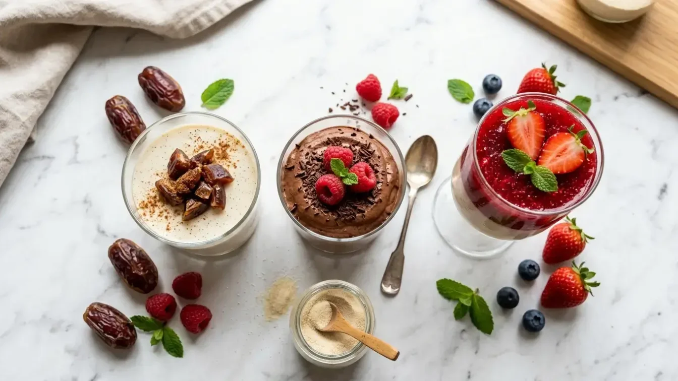 Trois recettes de dessert gélatine sans sucre dattes alignées : panna cotta vanille, mousse chocolat et verrines fruits rouges