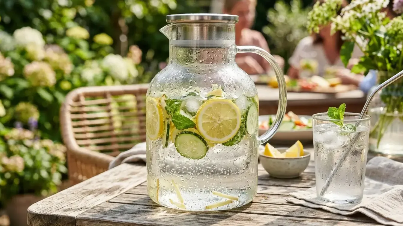 Carafe d’eau pétillante citron gingembre avec menthe et concombre
