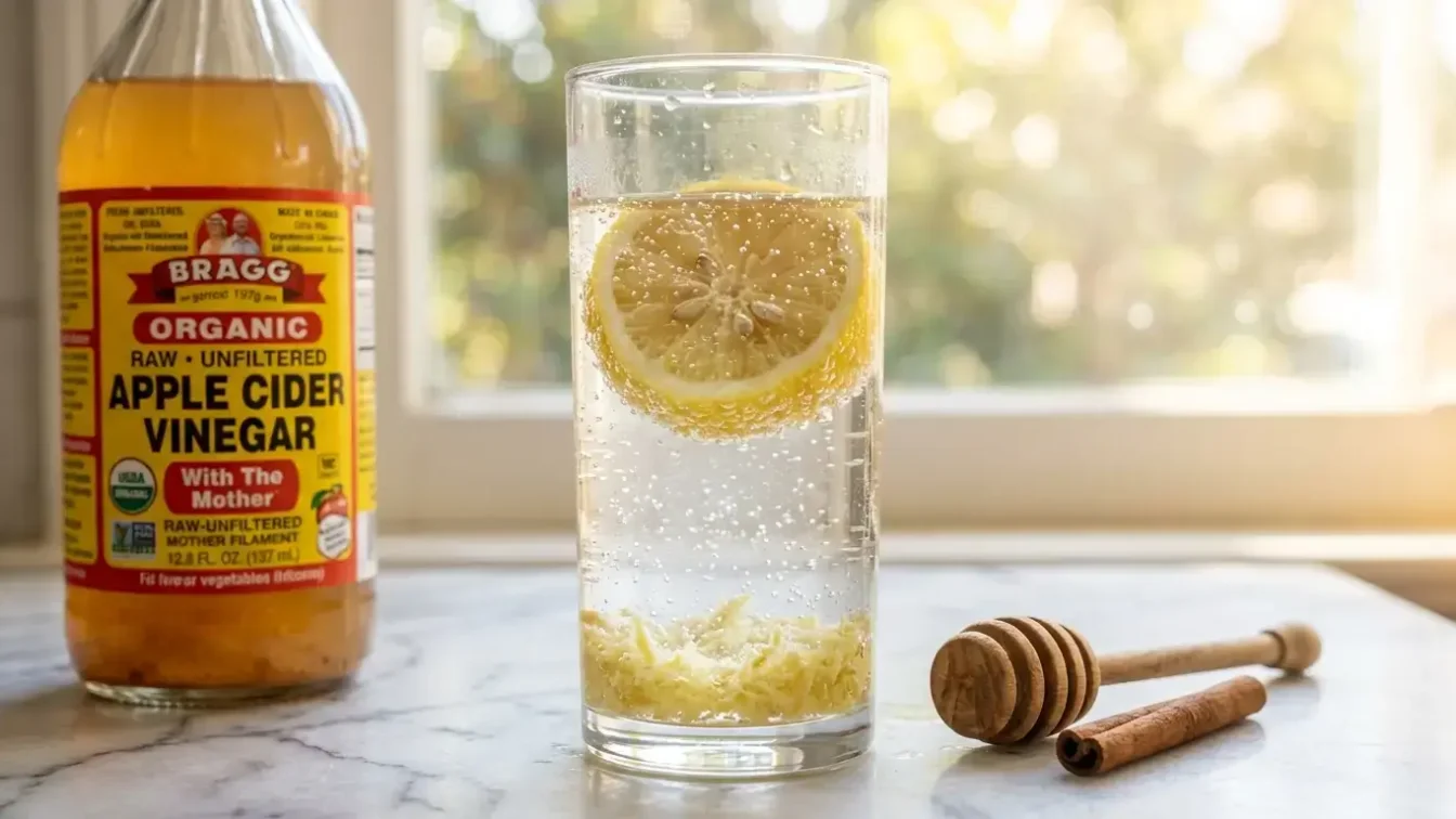 Eau pétillante citron gingembre préparée avec une petite quantité de vinaigre de cidre