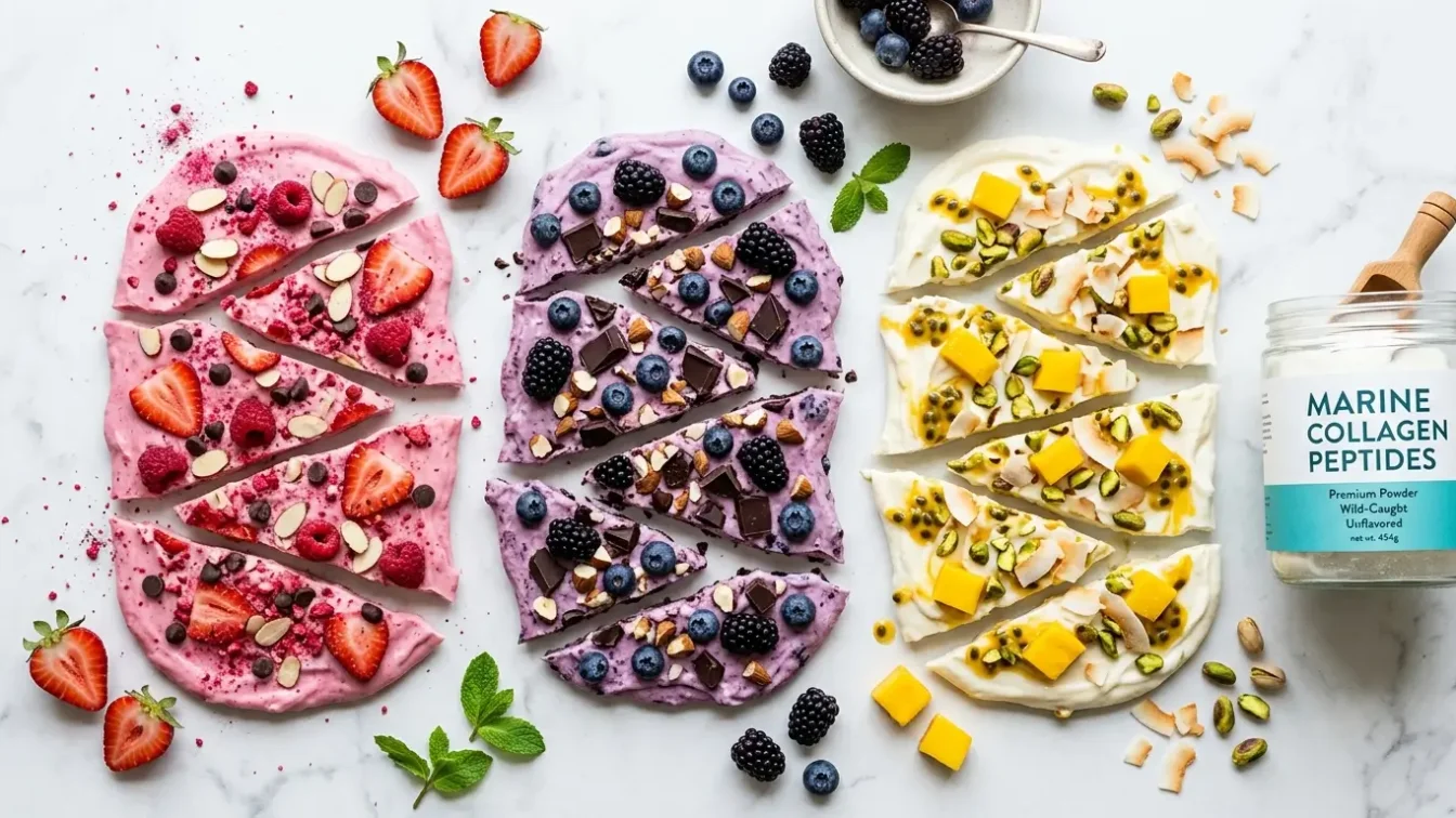 Trois frozen yogurt bark maison avec fraise myrtille et mangue pistache