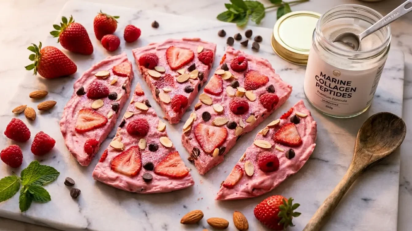 Frozen yogurt bark fraise-framboise avec amandes et chocolat noir