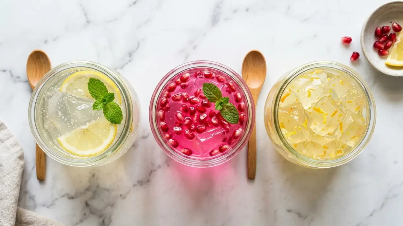 Trois variantes du gelatin trick : boisson de base, version rose et cubes de gélatine