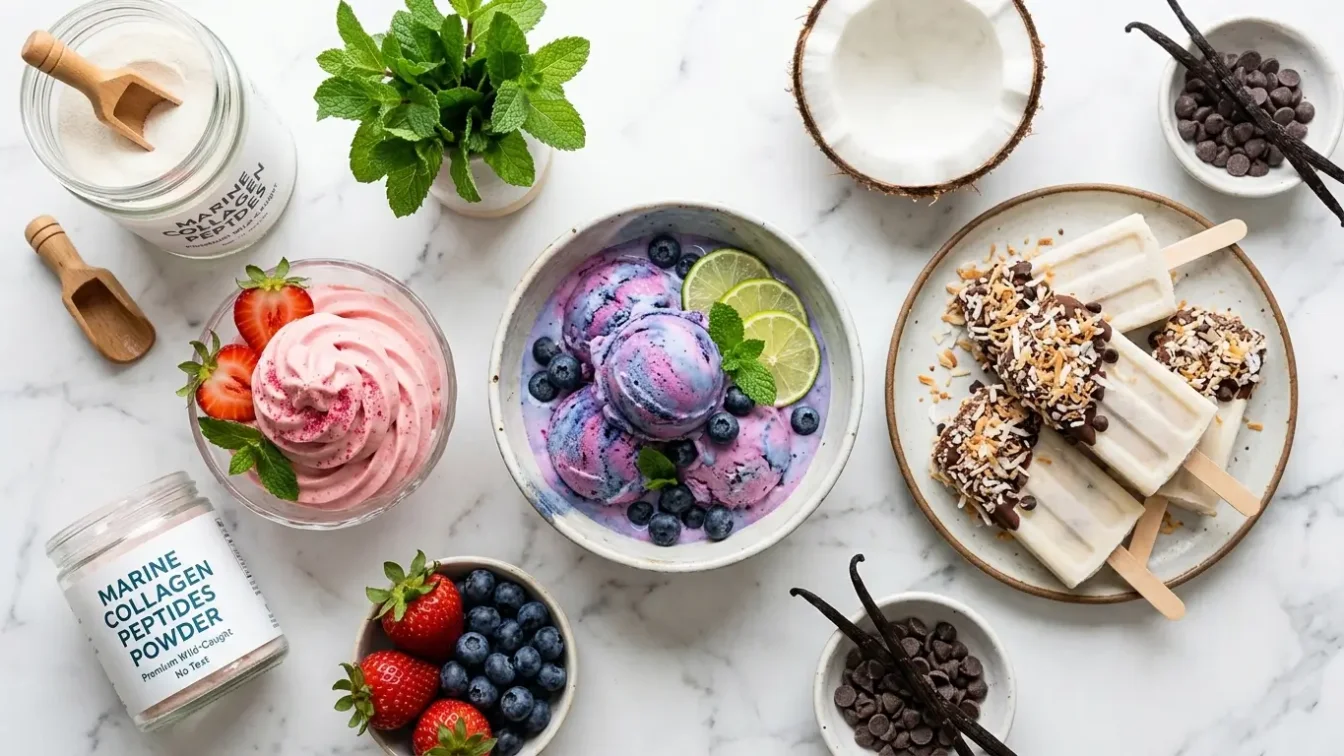 Trois glaces maison à la gélatine aux saveurs fraise myrtille et vanille coco