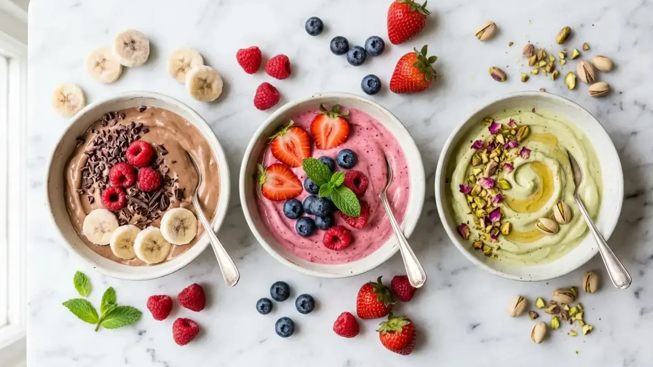 Trois recettes de glace healthy maison Nice Cream alignées : banane-cacao collagène, fruits rouges antioxydants et pistache-datte orientale
