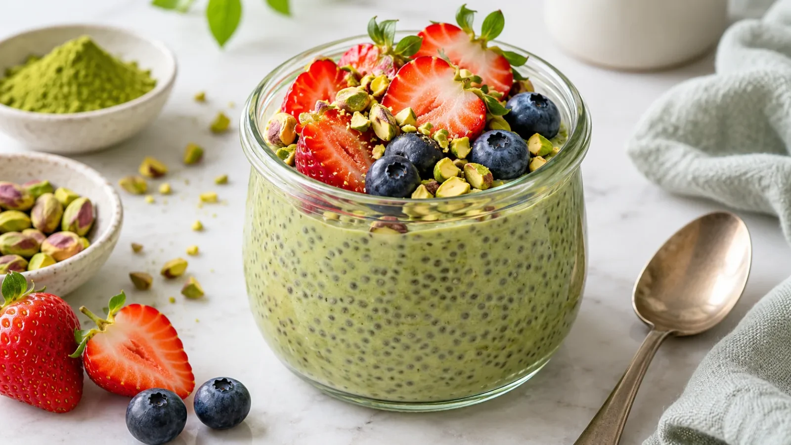 Pudding chia matcha protéiné servi dans un bocal avec fraises, myrtilles et pistaches