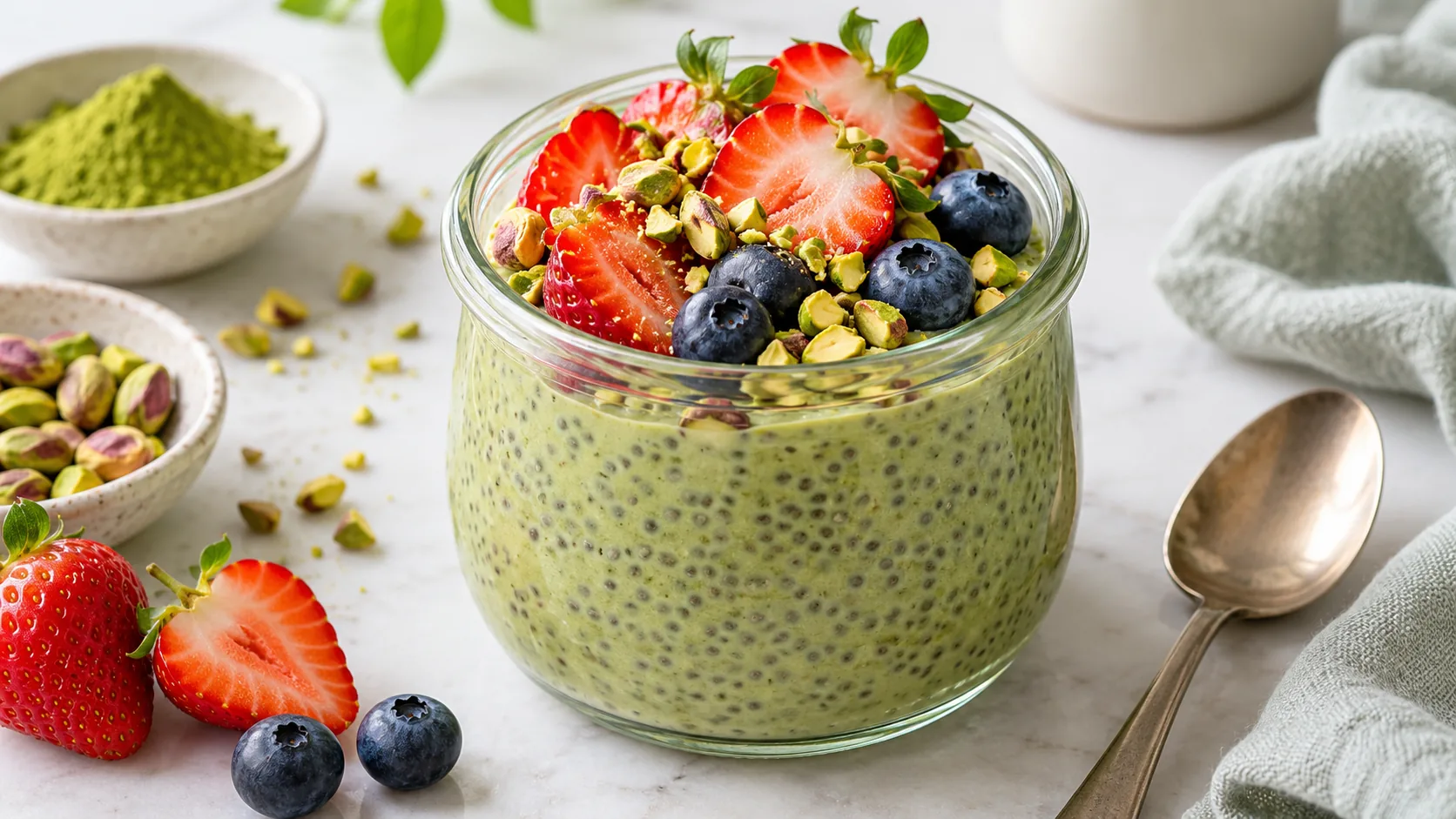 Pudding chia matcha protéiné avec fraises, myrtilles et pistaches