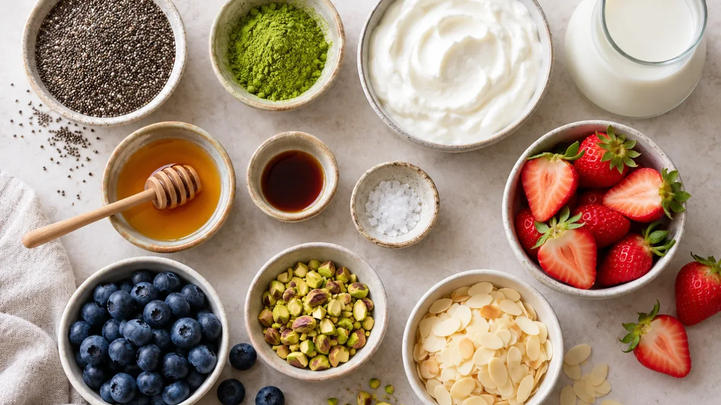 Ingrédients du pudding chia matcha protéiné disposés à plat avec chia, matcha, skyr, lait, fruits et toppings