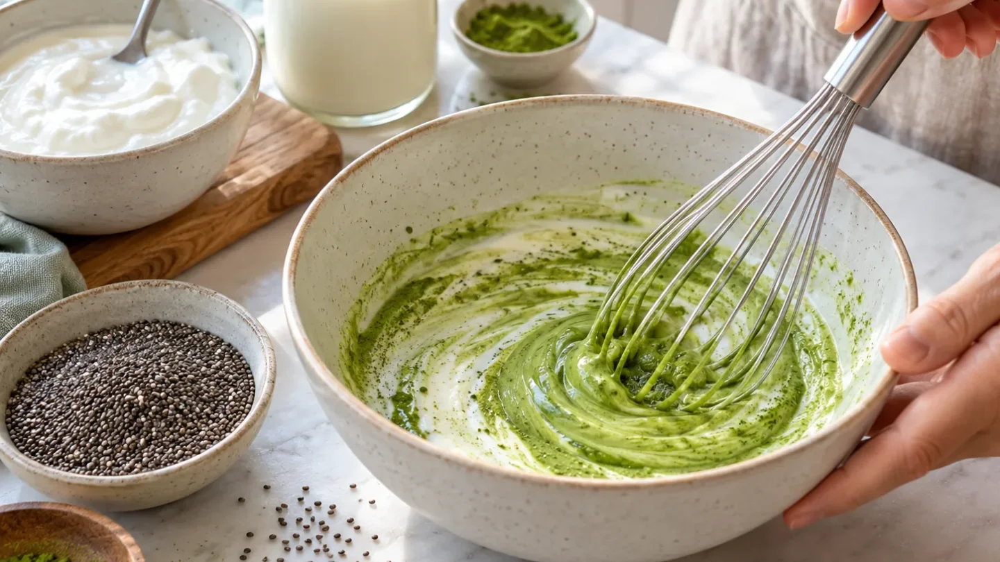 Préparation du pudding chia matcha avec mélange de matcha, lait et skyr dans un grand bol