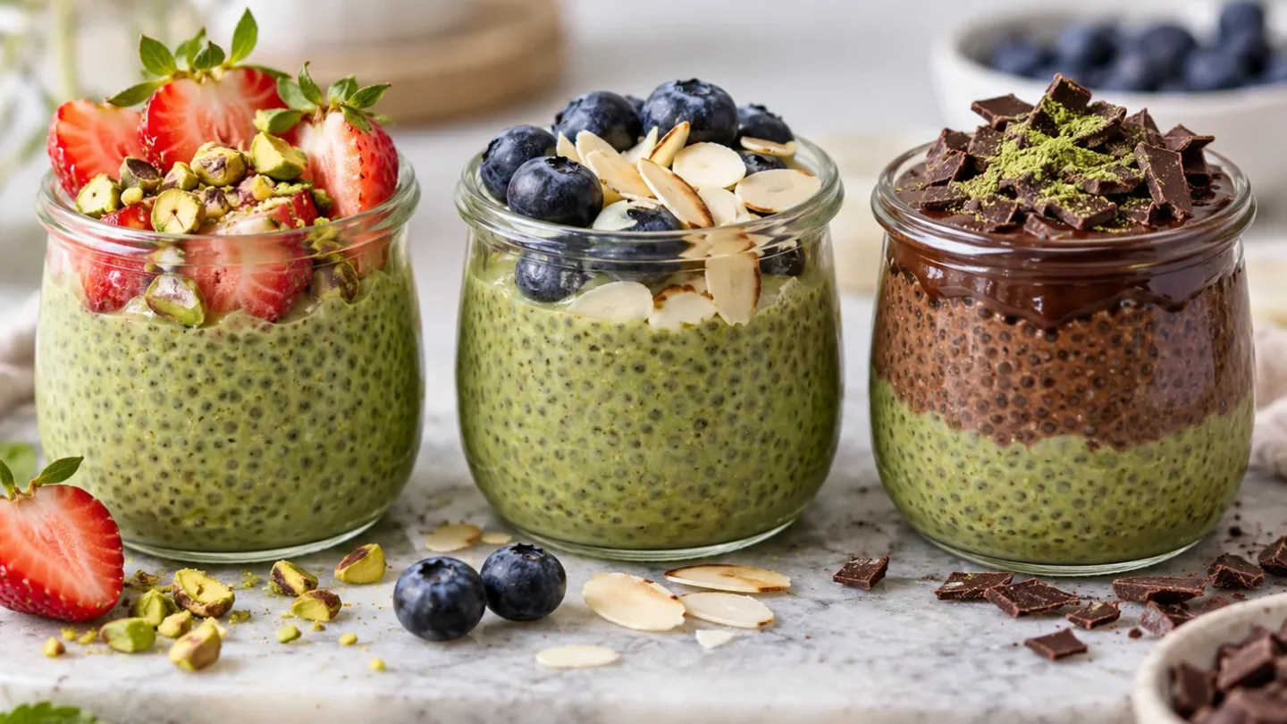 Trois variantes de pudding chia matcha protéiné avec fraises pistaches, myrtilles amandes et chocolat matcha