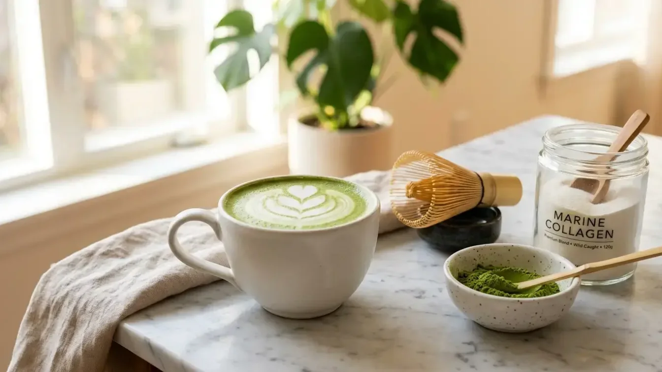 Matcha latte maison avec collagène facultatif et lait mousseux